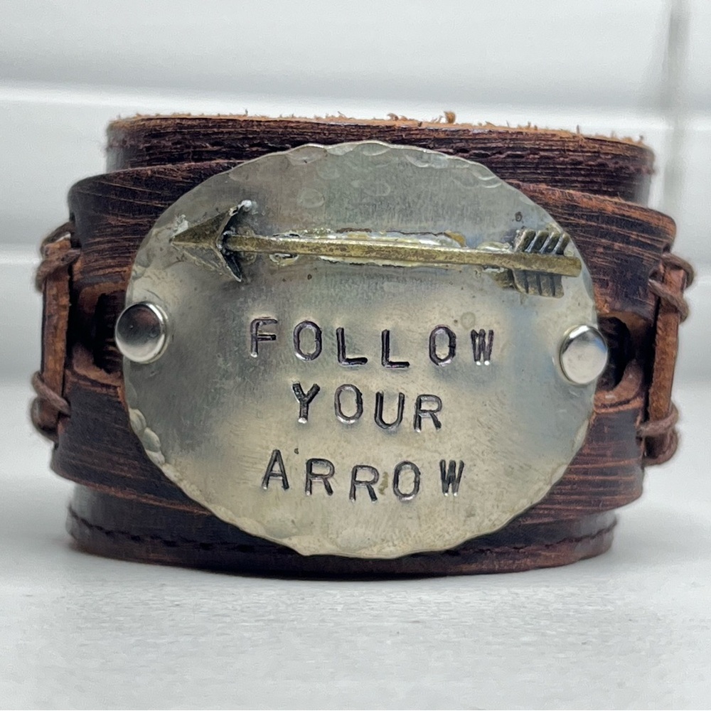 Boho Hand Stamped Metal Plate Follow Your Arrow Leather Cuff Bracelet - Picture 7 of 7